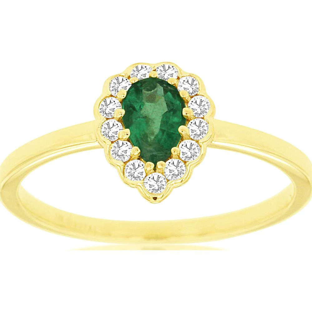14K Yellow Gold Pear-Shaped Emerald & Diamond Halo Ring - 0.38 Carats Emerald, 0.14 Carats Total Diamond Weight - Royal Jewelry