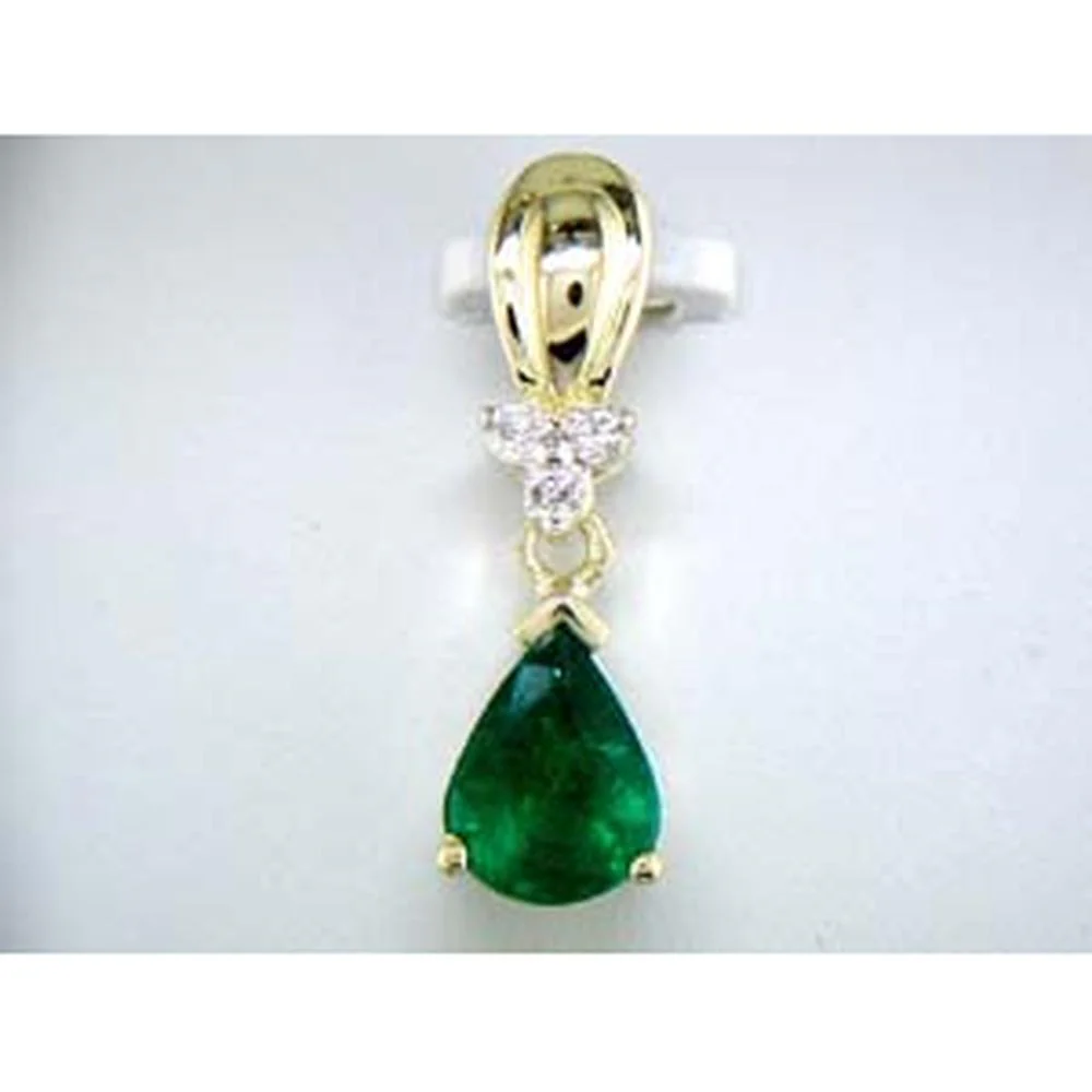 14K Yellow Gold Pear Shaped Emerald and Round Diamond Pendant - 1.00 Carat Emerald and 0.07 Carat Total Diamond Weight - Royal Jewelry