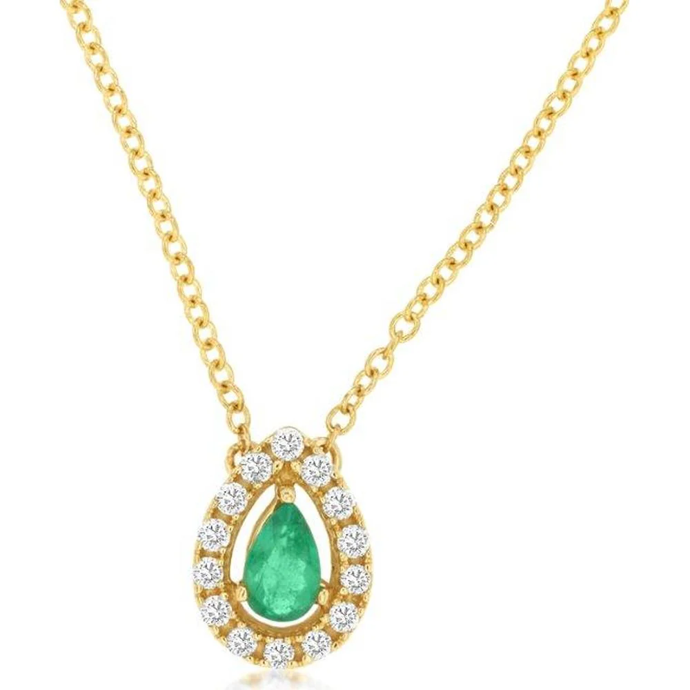 14K Yellow Gold Pear-Shaped Emerald Pendant Necklace with Round Diamond Halo - 0.20 Carat Emerald & 0.14 Carat Total Diamond Weight - Royal Jewelry
