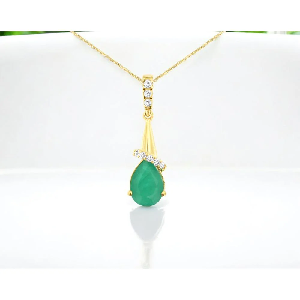 14K Yellow Gold Pear Shaped Emerald Pendant with Round Diamond Accents - 0.66 Carat Emerald & 0.05 Carat Diamond Weight - Royal Jewelry - Image 2
