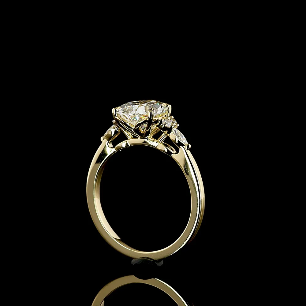14K Yellow Gold Pear Shaped Engagement Ring with 2.51 Carat F VVS2 Lab Diamond Center and Marquise & Round Side Stones - 2.75 Total Carat Weight - Covaloro Fine Jewelry - Image 3