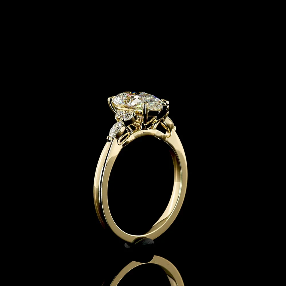 14K Yellow Gold Pear Shaped Engagement Ring with 2.51 Carat F VVS2 Lab Diamond Center and Marquise & Round Side Stones - 2.75 Total Carat Weight - Covaloro Fine Jewelry - Image 4