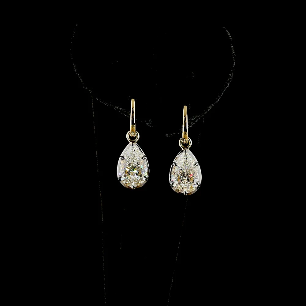 14K Yellow Gold Pear-Shaped Hanging Earrings Featuring F-Color VS1 Lab Diamonds - 5.02 Carat Total Diamond Weight (2.51 Carats Each) - Covaloro Fine Jewelry