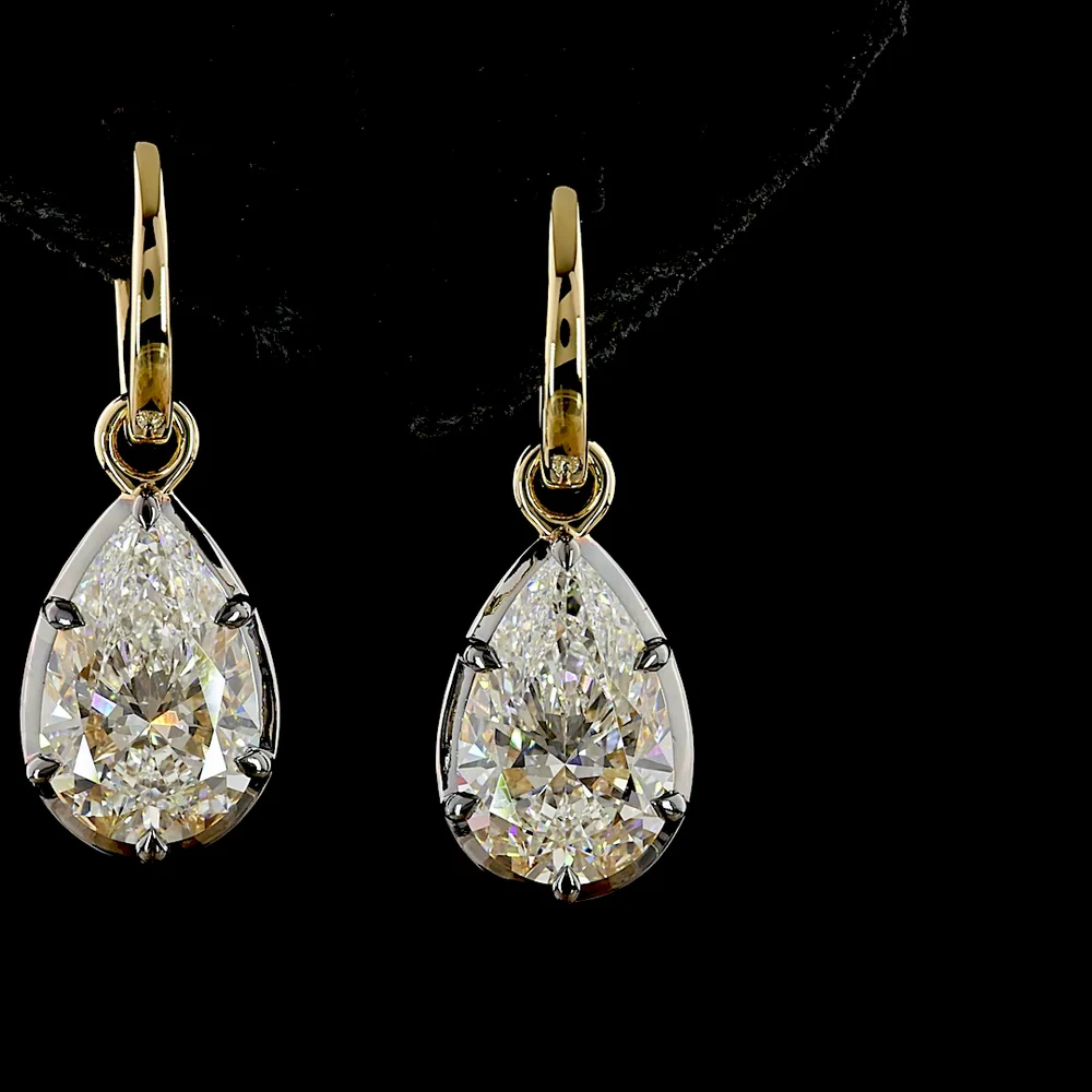 14K Yellow Gold Pear-Shaped Hanging Earrings Featuring F-Color VS1 Lab Diamonds - 5.02 Carat Total Diamond Weight (2.51 Carats Each) - Covaloro Fine Jewelry - Image 2