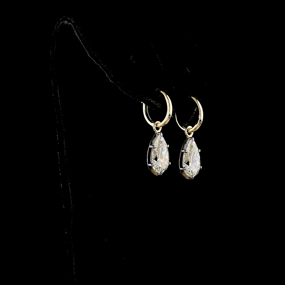 14K Yellow Gold Pear-Shaped Hanging Earrings Featuring F-Color VS1 Lab Diamonds - 5.02 Carat Total Diamond Weight (2.51 Carats Each) - Covaloro Fine Jewelry - Image 3
