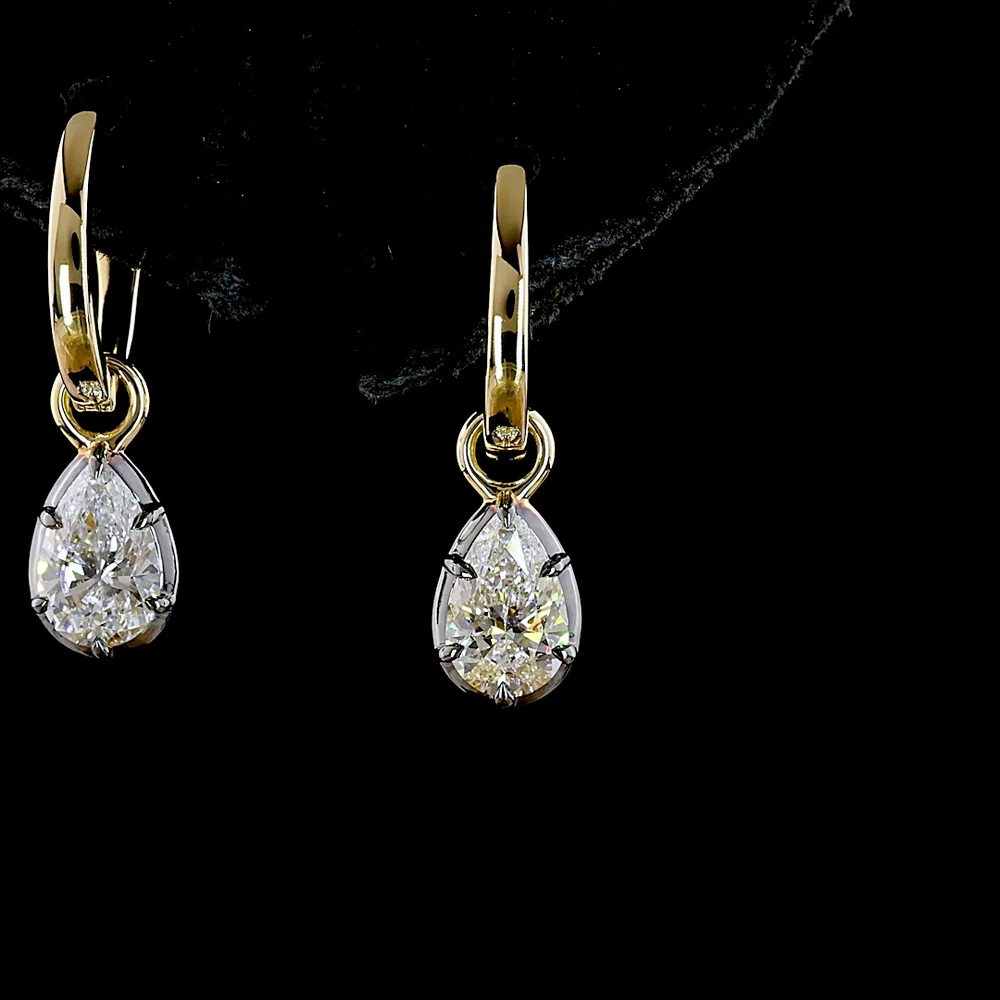 14K Yellow Gold Pear-Shaped Lab Diamond Hanging Earrings - 1.03 Carat Total Weight, E-F Color VS1 Clarity with Lever Back and Black Rhodium Accents - Covaloro Fine Jewelry - Image 2