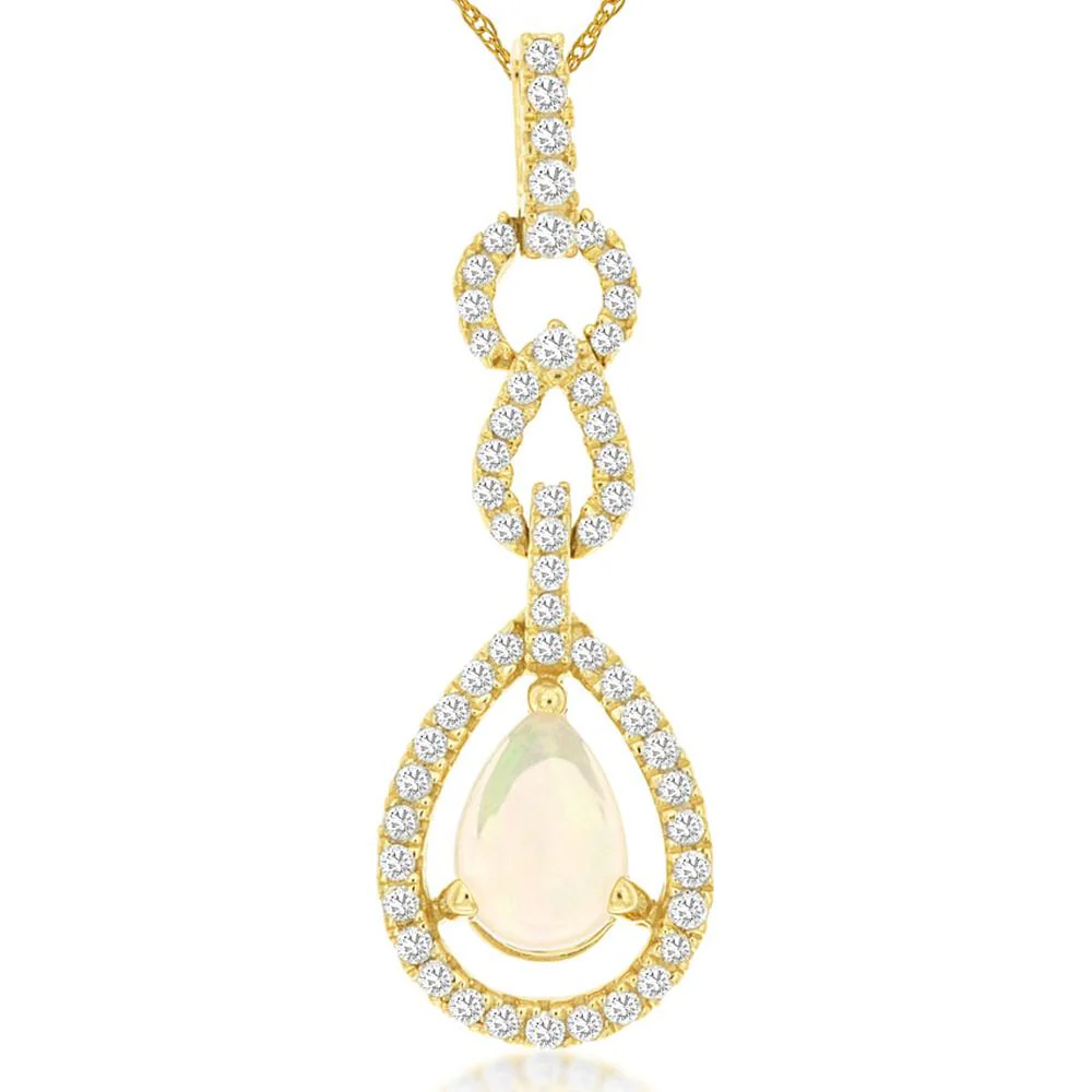 14K Yellow Gold Pear Shaped Opal and Diamond Halo Pendant - 0.40 Carat Opal with 0.26 Carat Total Diamond Weight - Royal Jewelry