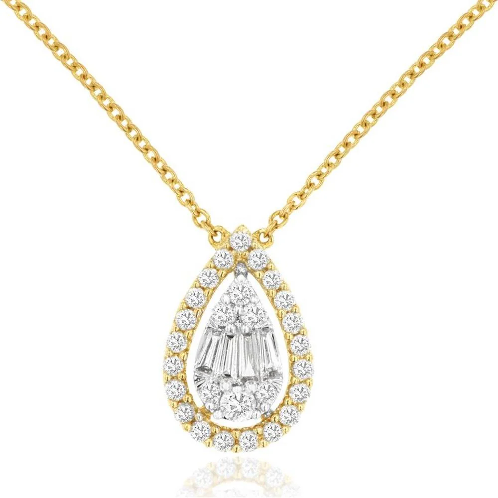 14K Yellow Gold Pear-Shaped Pendant Necklace with Round and Baguette Diamonds - 0.41 Carat Total Diamond Weight - Royal Jewelry