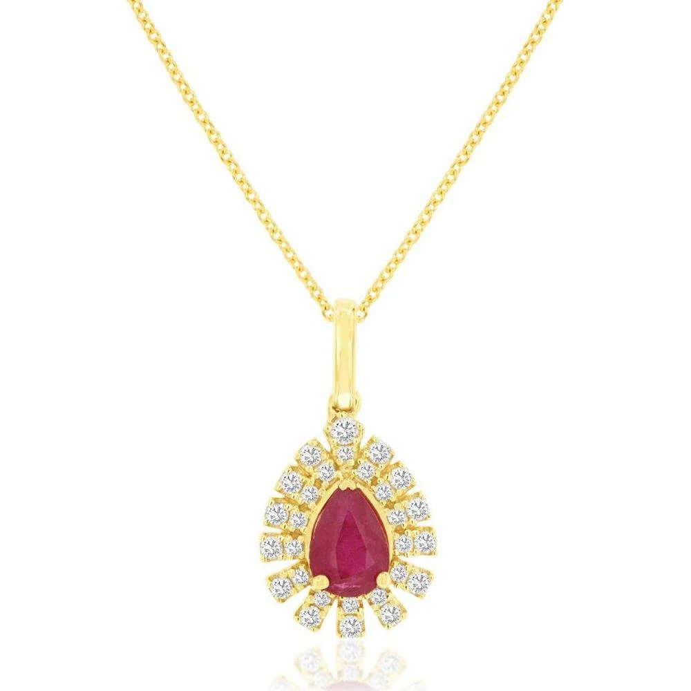 14K Yellow Gold Pear-Shaped Ruby and Diamond Halo Pendant - 0.82 Carat Ruby, 0.26 Carat Diamond Total Weight - Royal Jewelry