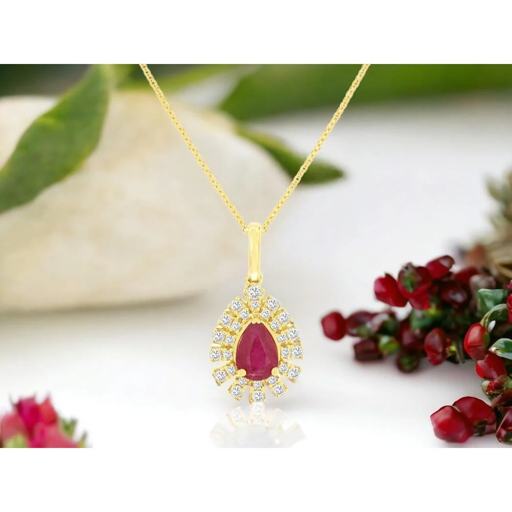 14K Yellow Gold Pear-Shaped Ruby and Diamond Halo Pendant - 0.82 Carat Ruby, 0.26 Carat Diamond Total Weight - Royal Jewelry - Image 2
