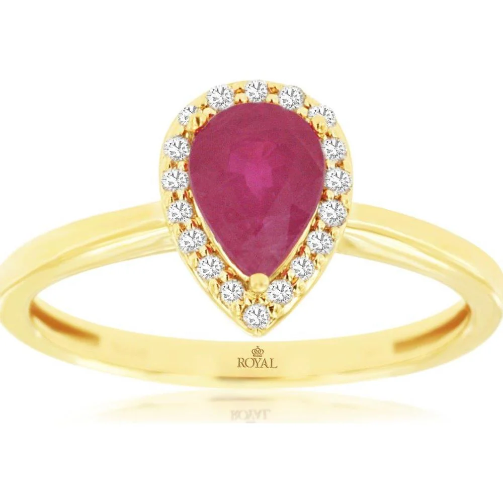 14K Yellow Gold Pear-Shaped Ruby and Diamond Halo Ring - 0.75 Carat Ruby, 0.10 Carat Total Diamond Weight - Royal Jewelry