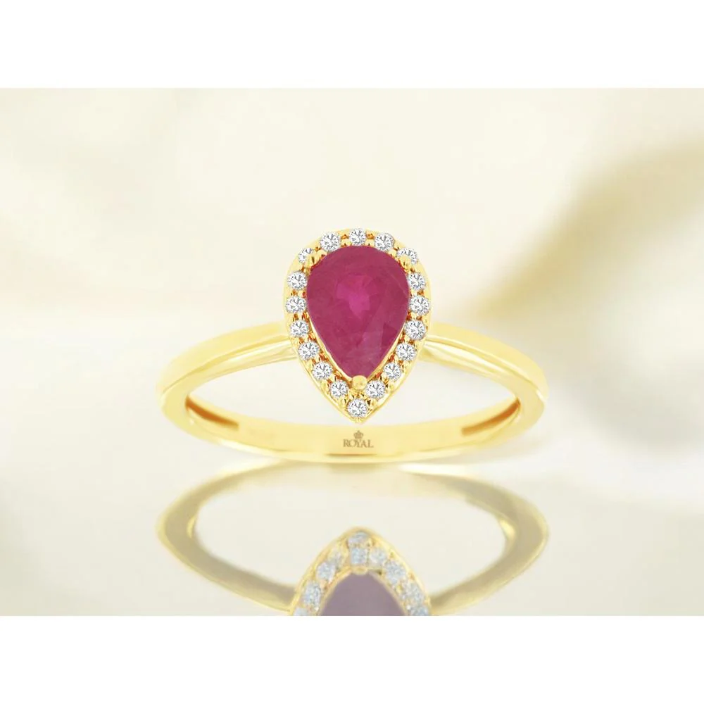 14K Yellow Gold Pear-Shaped Ruby and Diamond Halo Ring - 0.75 Carat Ruby, 0.10 Carat Total Diamond Weight - Royal Jewelry - Image 2