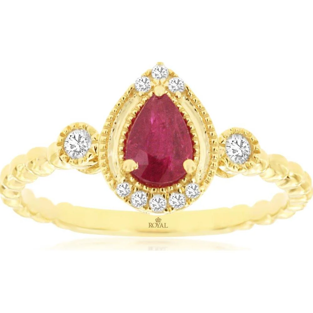 14K Yellow Gold Pear Shaped Ruby and Diamond Halo Ring with Twisted Rope Band and Milgrain Detailing - 0.45 Carat Ruby and 0.10 Carat Total Diamond Weight - Royal Jewelry