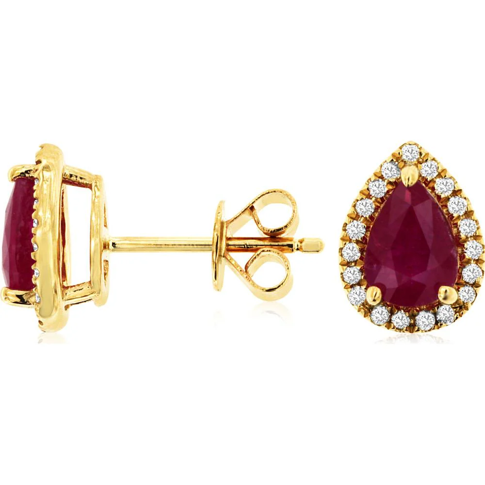 14K Yellow Gold Pear-Shaped Ruby and Diamond Halo Stud Earrings - 1.50 Carat Total Ruby Weight, 0.20 Carat Total Diamond Weight - Royal Jewelry