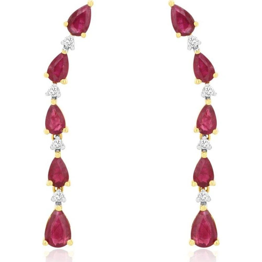 14K Yellow Gold Pear-Shaped Ruby & Diamond Linear Drop Earrings - 2.87 Carat Total Ruby Weight, 0.13 Carat Total Diamond Weight - Royal Jewelry
