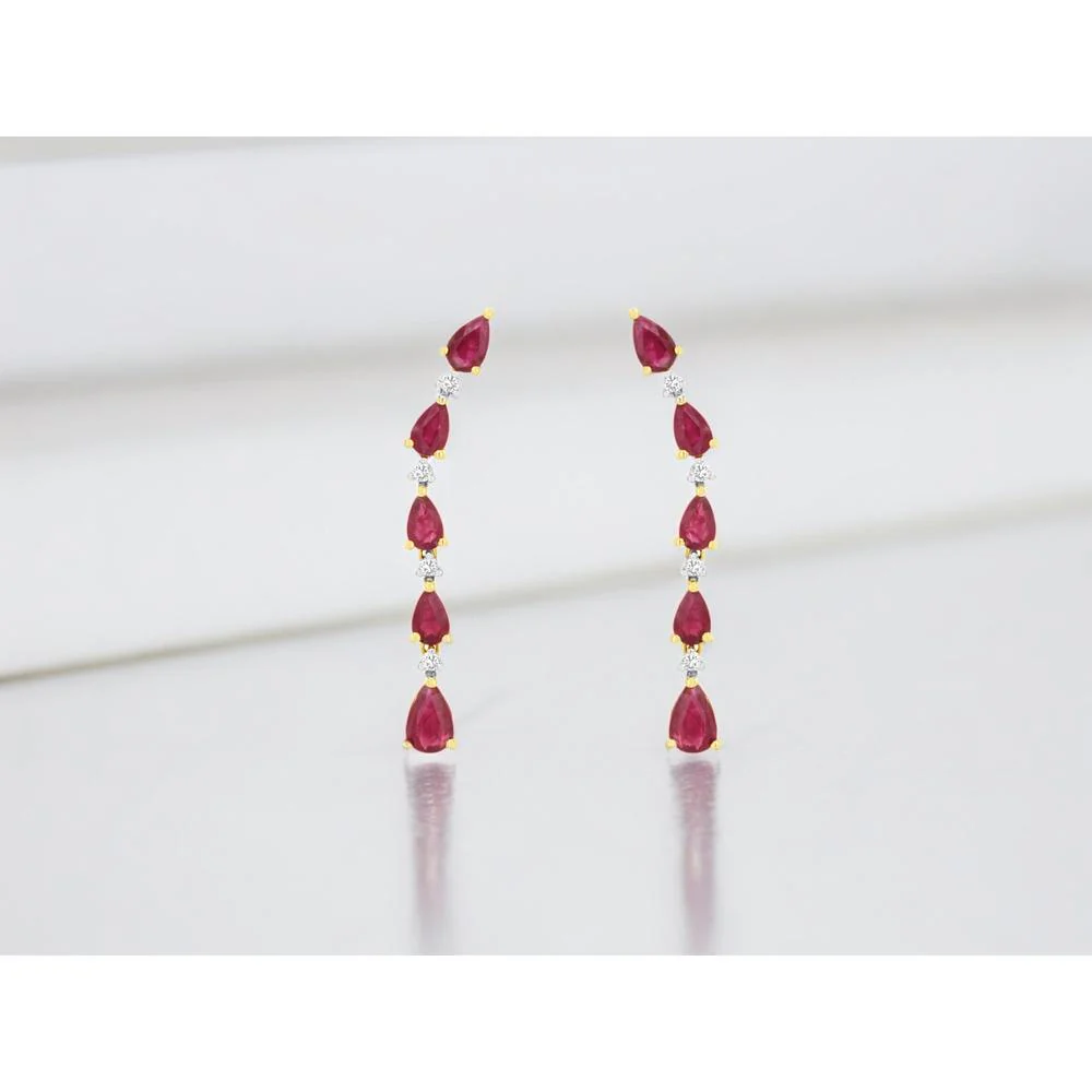 14K Yellow Gold Pear-Shaped Ruby & Diamond Linear Drop Earrings - 2.87 Carat Total Ruby Weight, 0.13 Carat Total Diamond Weight - Royal Jewelry - Image 2