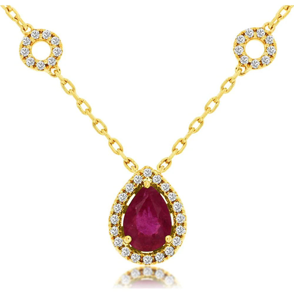 14K Yellow Gold Pear-Shaped Ruby and Round Diamond Halo Station Necklace - 0.75 Carat Ruby & 0.25 Carat Diamond Total Weight - Royal Jewelry