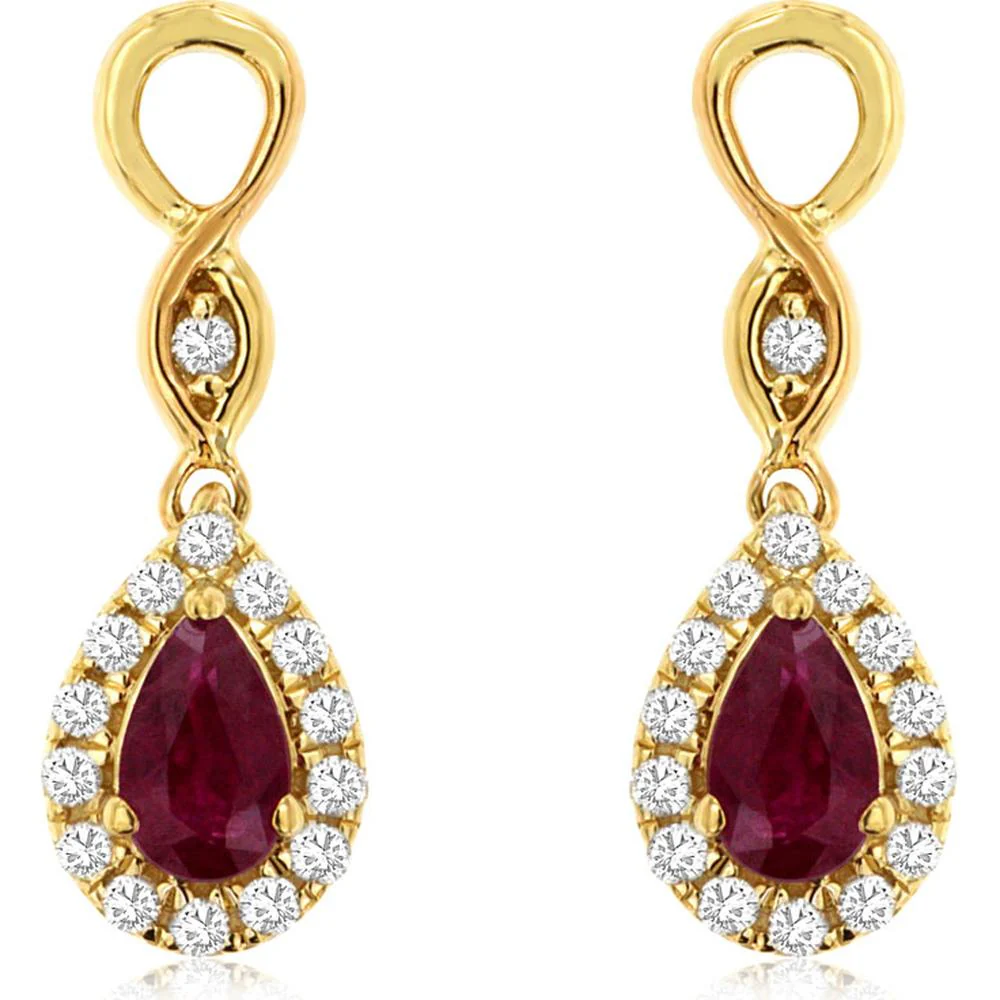 14K Yellow Gold Pear-Shaped Ruby Drop Earrings with Diamond Halo - 0.44 Carat Ruby Total Weight, 0.17 Carat Diamond Total Weight - Royal Jewelry