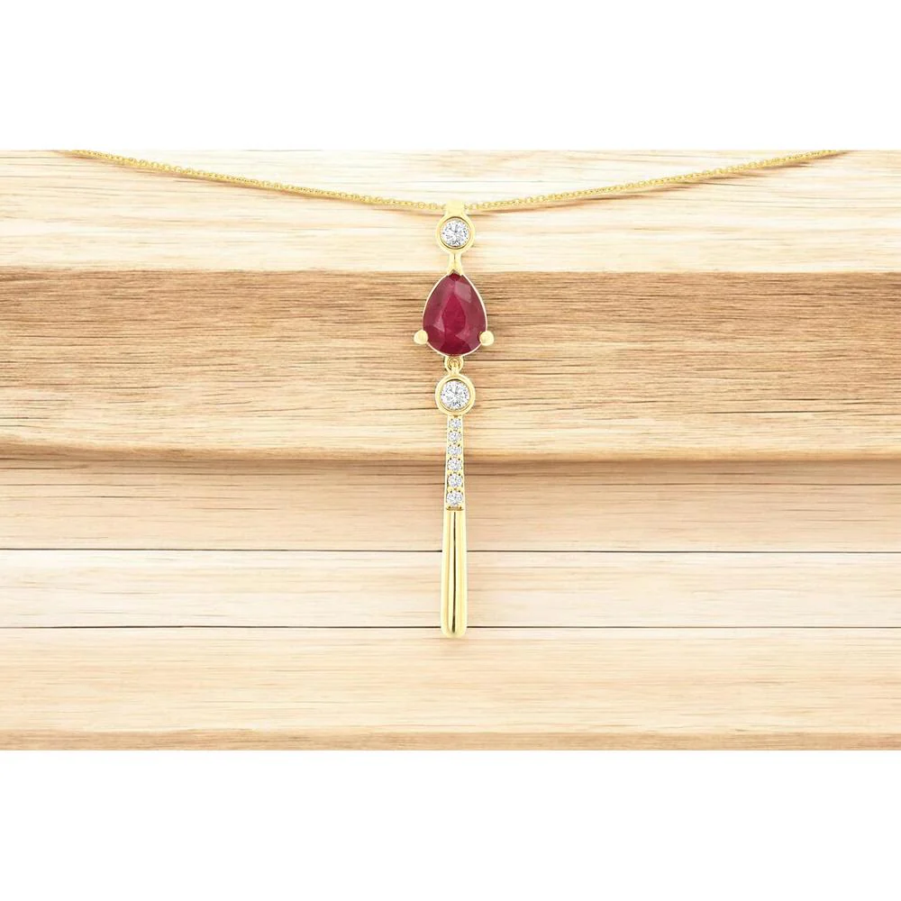 14K Yellow Gold Pear-Shaped Ruby Pendant with Bezel-Set and Bar-Set Round Diamonds - 0.80 Carat Ruby Total Weight, 0.14 Carat Diamond Total Weight - Royal Jewelry - Image 2