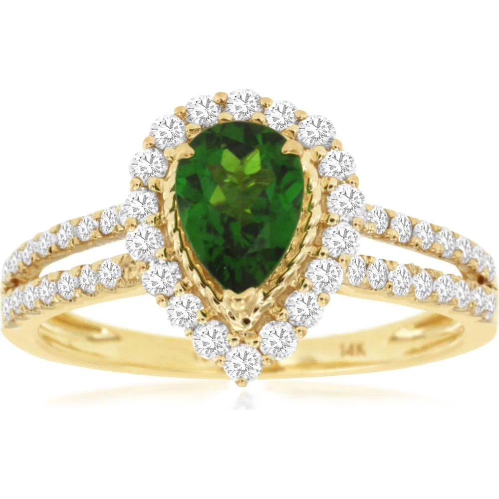14K Yellow Gold Pear-Shaped Russalite and Diamond Halo Ring with Split Shank - 0.82 Carats Russalite, 0.52 Carats Diamond Total Weight - Royal Jewelry