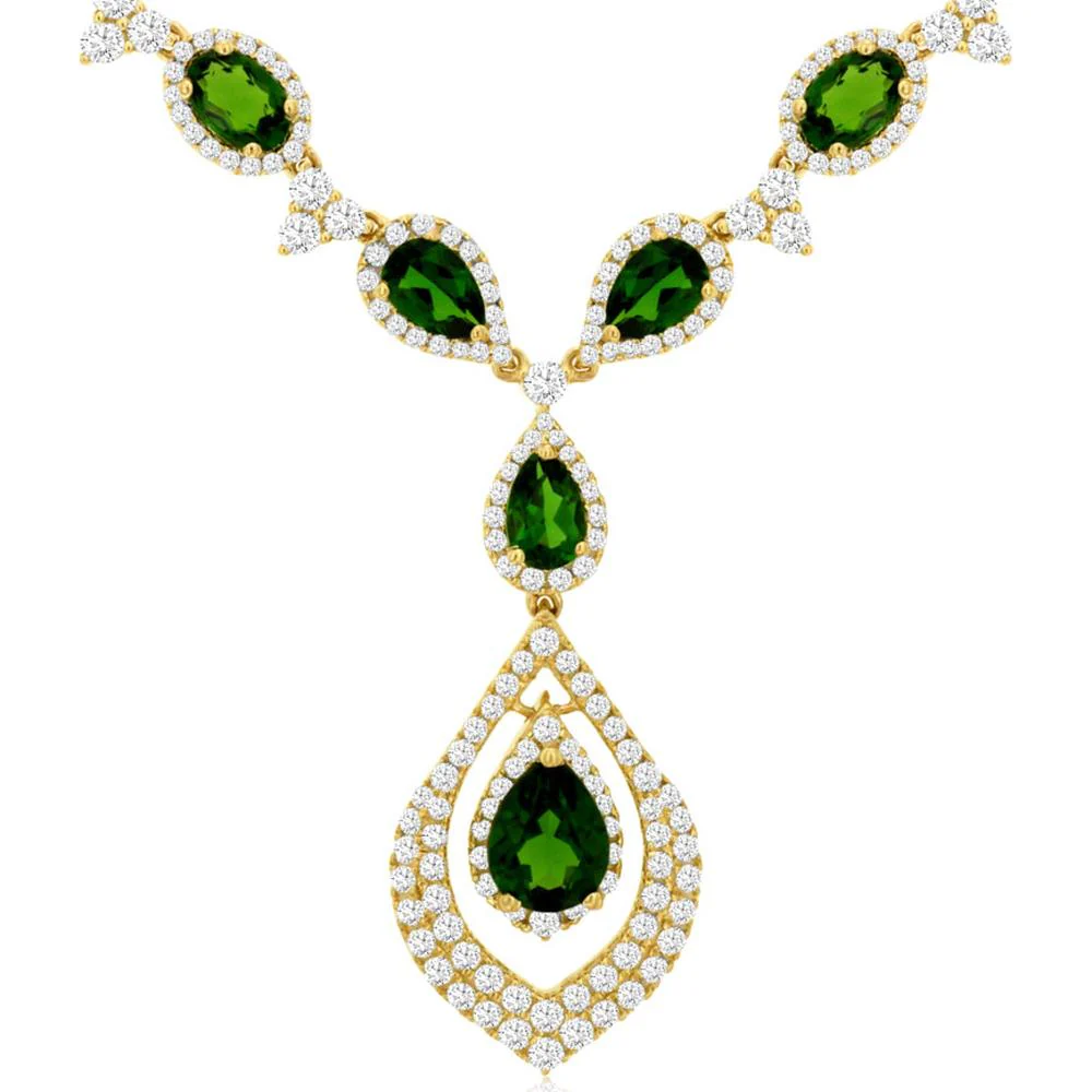 14K Yellow Gold Pear-Shaped Russalite & Diamond Halo Statement Necklace - 8.90 Carat Russalite, 4.00 Carat Diamond Total Weight - Royal Jewelry