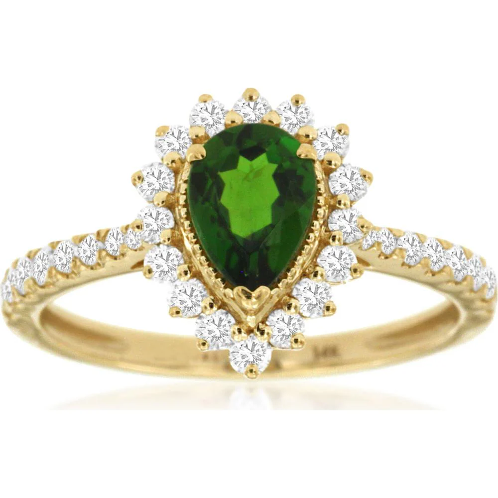 14K Yellow Gold Pear-Shaped Russalite Ring with Diamond Halo - 0.82 Carat Russalite and 0.50 Carat Total Diamond Weight - Royal Jewelry