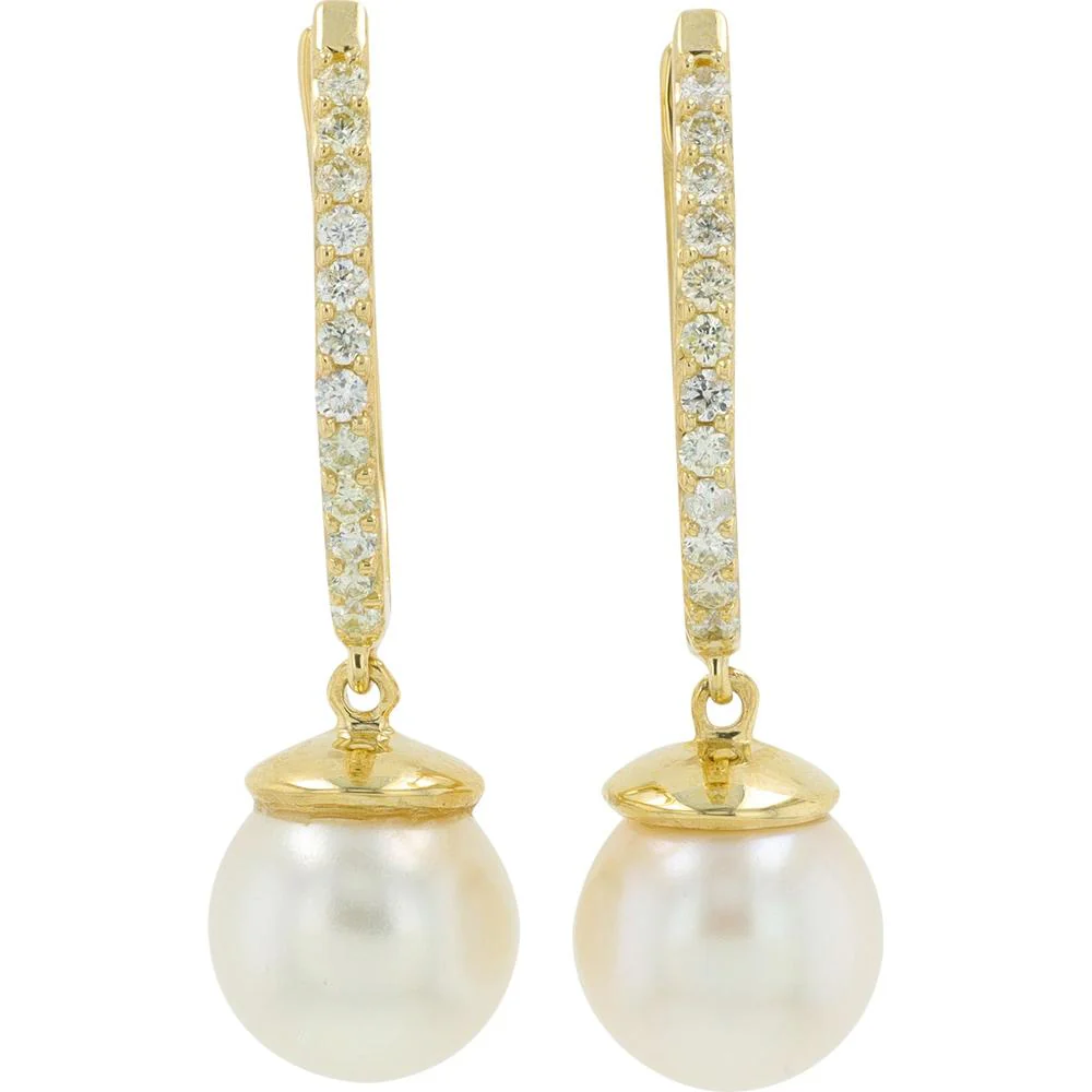 14K Yellow Gold Pearl Drop Earrings with 0.18 Carat Total Diamond Accents - 7mm Pearls