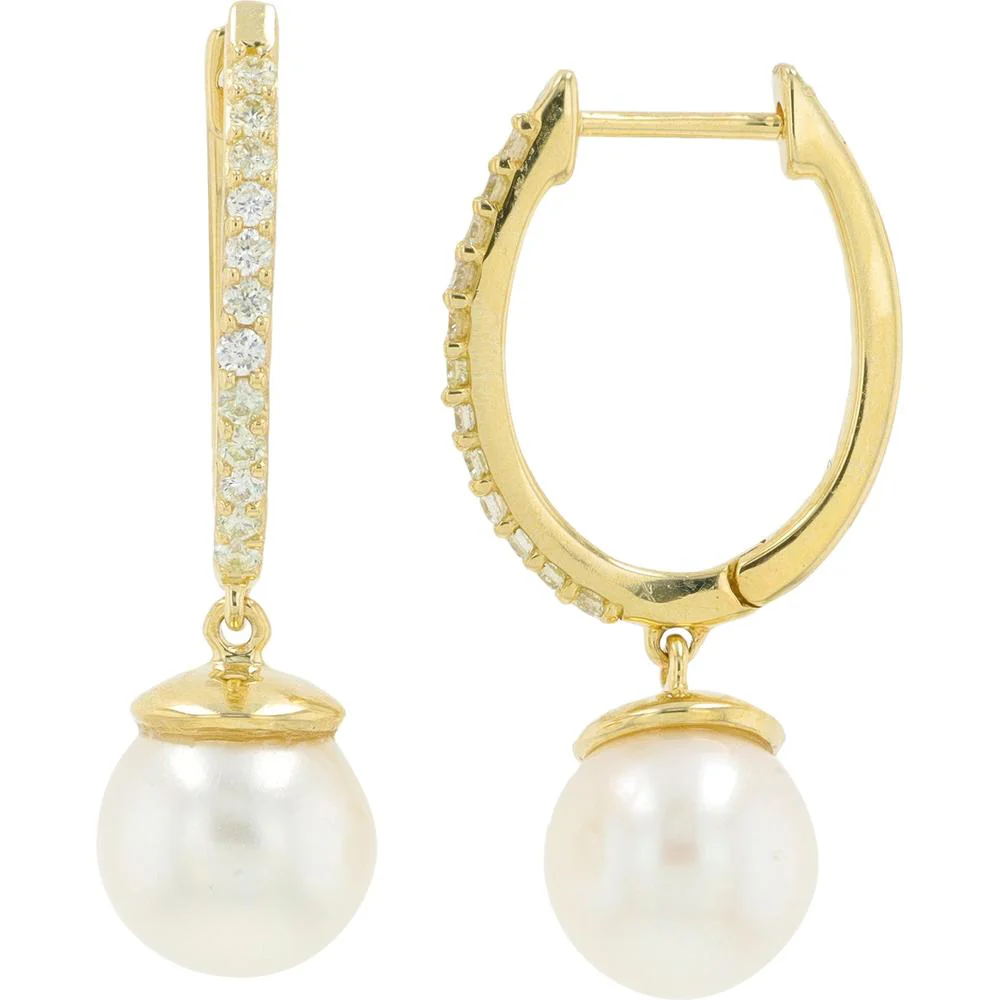 14K Yellow Gold Pearl Drop Earrings with 0.18 Carat Total Diamond Accents - 7mm Pearls - Image 2