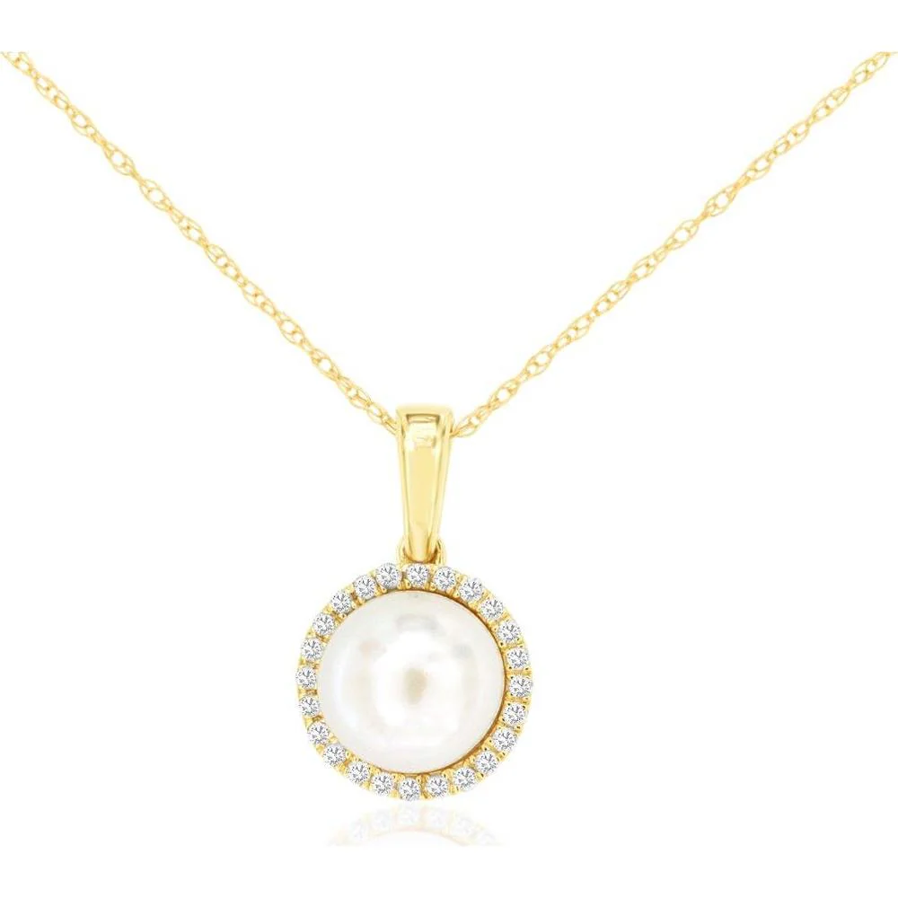 14K Yellow Gold Pearl Pendant Necklace with Diamond Halo - 0.08 Carat Total Diamond Weight - Royal Jewelry