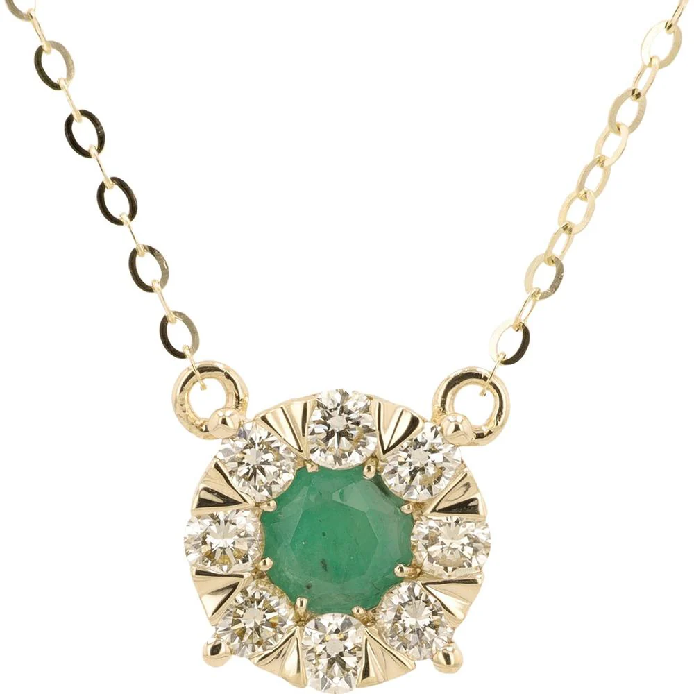 14K Yellow Gold Pendant Necklace with 0.50 - 0.65 Carat Round Emerald and 0.60 Carat Diamond Halo