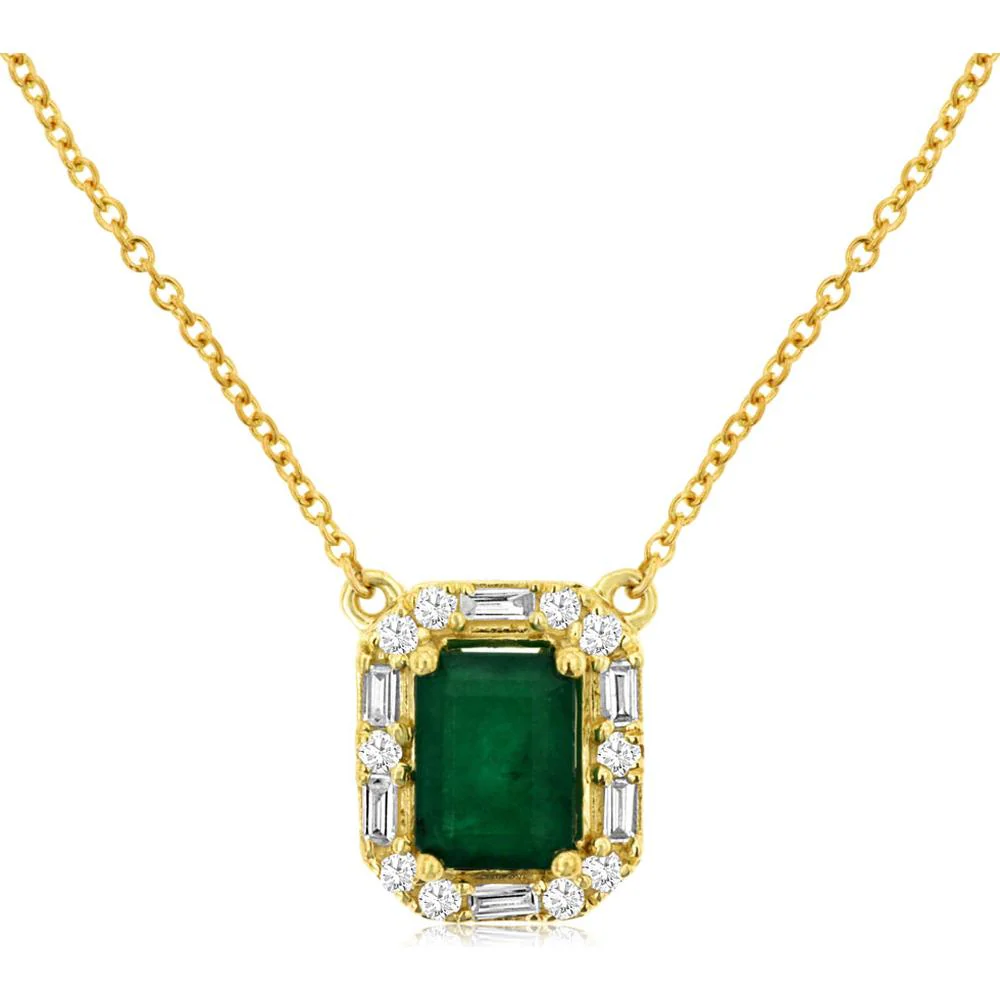 14K Yellow Gold Pendant Necklace with 1.00 Carat Emerald Cut Emerald and 0.19 Carat Alternating Round & Baguette Diamond Halo - Royal Jewelry