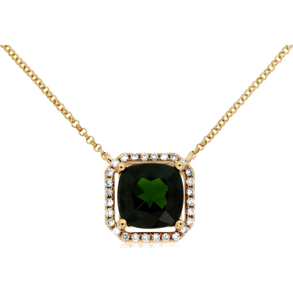 14K Yellow Gold Pendant Necklace with 2.10 Carat Cushion Cut Russalite and 0.14 Carat Diamond Halo - Royal Jewelry