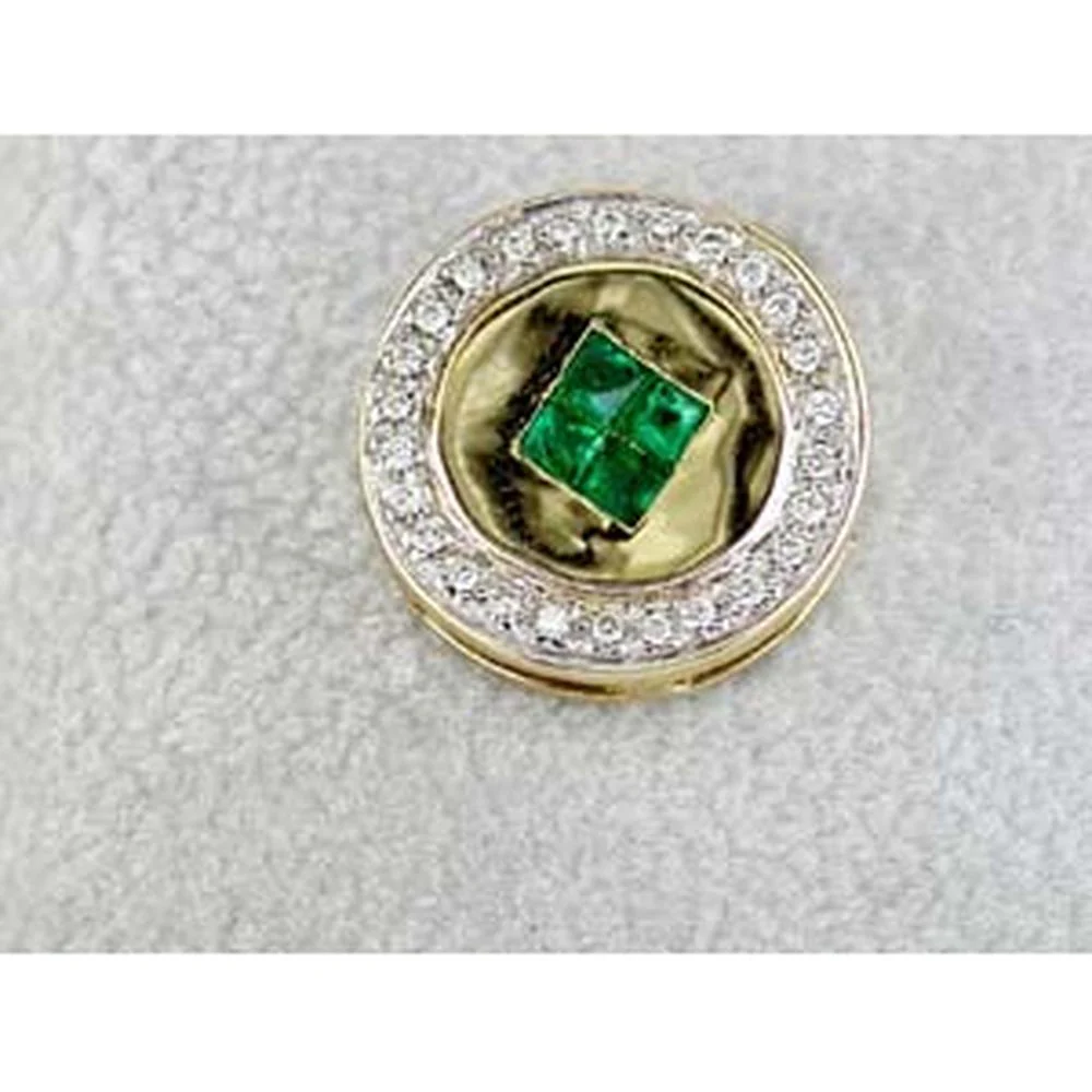 14K Yellow Gold Pendant Necklace with Princess Cut Emerald and Round Diamond Halo - 0.29 Carat Emerald Total Weight, 0.14 Carat Diamond Total Weight - Royal Jewelry