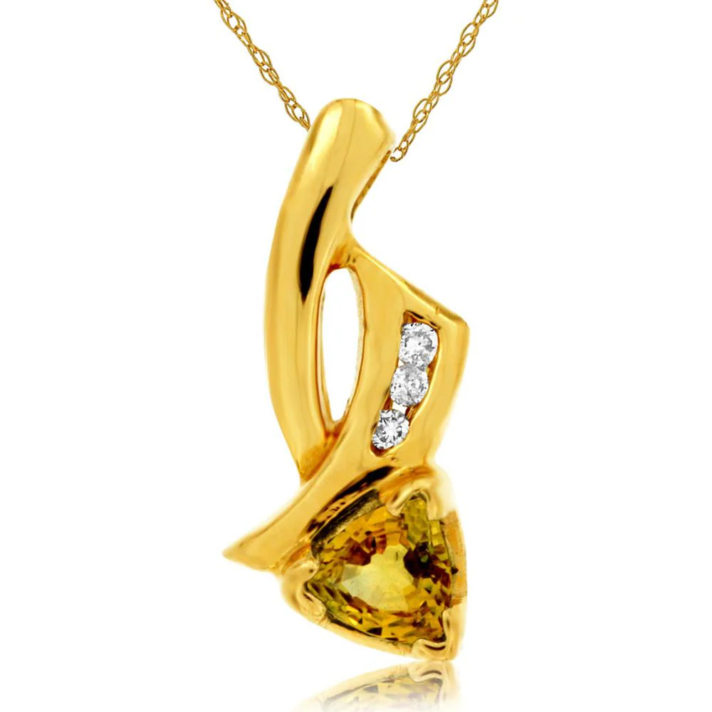 14K Yellow Gold Pendant Necklace with Trillion Cut 0.45 Carat Yellow Sapphire and 0.03 Carat Round Diamond Accents - Royal Jewelry