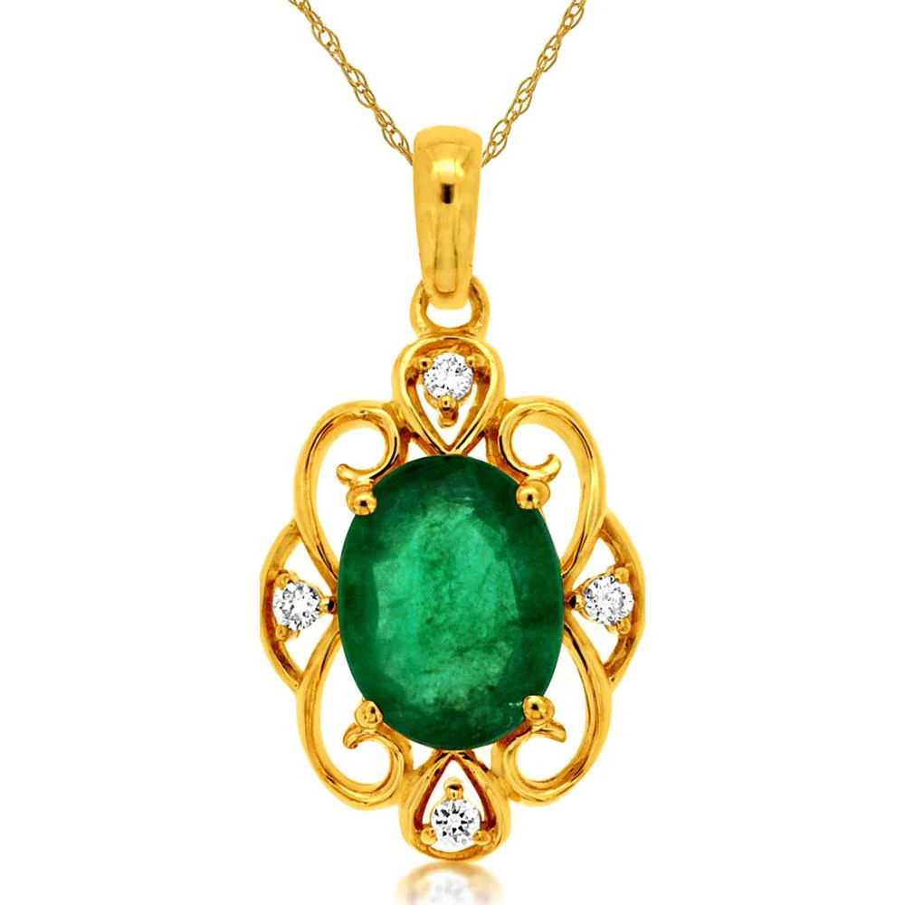 14K Yellow Gold Pendant with 1.10 Carat Oval Emerald and 0.04 Carat Diamond Accents - Royal Jewelry