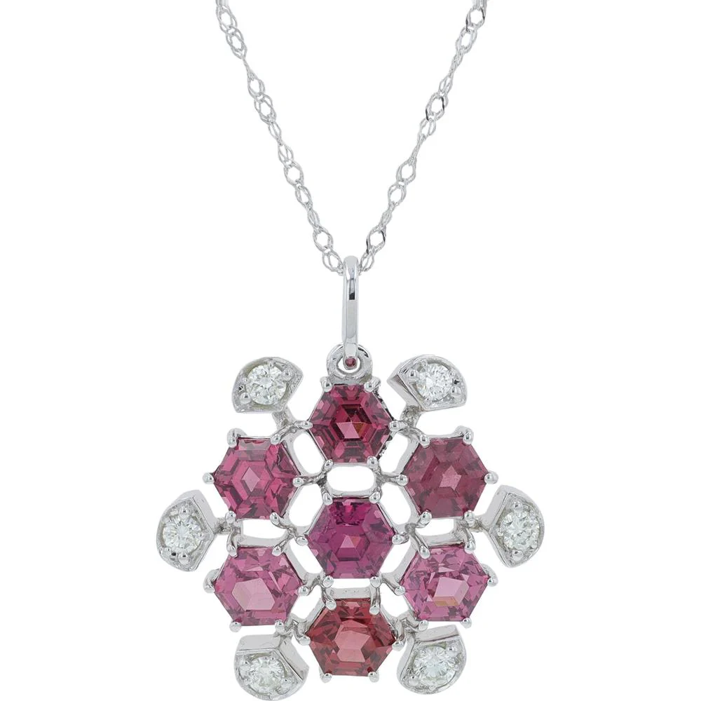 14K Yellow Gold Pendant with 2.40 - 2.75 Carat Rhodolite Hexagon Cluster and 0.20 Carat Diamond Accents