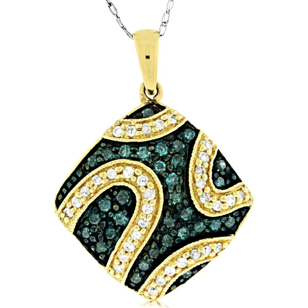 14K Yellow Gold Pendant with Blue and White Diamonds - 0.50 Carats Total Diamond Weight - Royal Jewelry