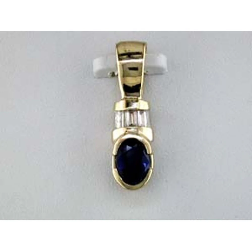 14K Yellow Gold Pendant with Oval Bezel-Set Sapphire and Channel-Set Baguette Diamonds - 0.50 Carat Sapphire, 0.10 Carat Diamond Total Weight - Royal Jewelry