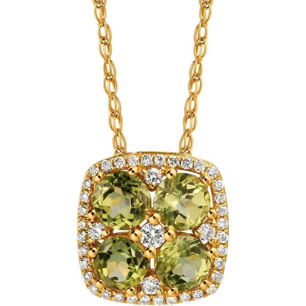 14K Yellow Gold Peridot and Diamond Cushion Halo Pendant with Round Peridot Gemstones - 1.20 Carat Total Peridot Weight and 0.18 Carat Total Diamond Weight - Royal Jewelry