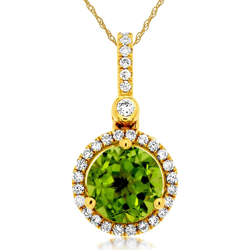 14K Yellow Gold Peridot and Diamond Halo Pendant Necklace with Round Cut Gemstone - 1.10 Carat Peridot and 0.18 Carat Total Diamond Weight - Royal Jewelry