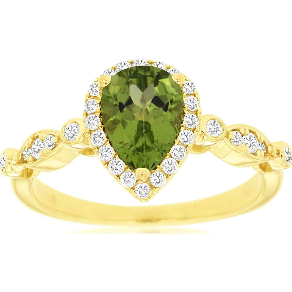 14K Yellow Gold Peridot & Diamond Halo Ring - 1.25 Carats Total Gem Weight - Royal Jewelry