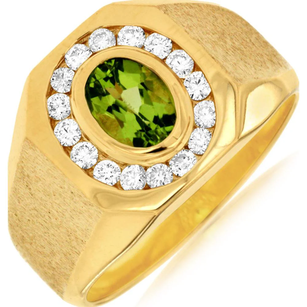14K Yellow Gold Peridot & Diamond Halo Ring - 1.27 Carats Total Gemstone Weight - Royal Jewelry