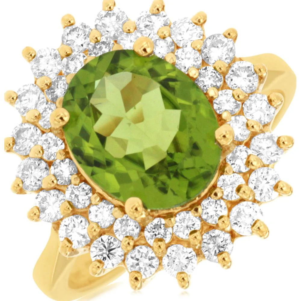 14K Yellow Gold Peridot & Diamond Halo Ring - 2.85 Carats Peridot, 1.00 Carat Total Diamond Weight - Royal Jewelry