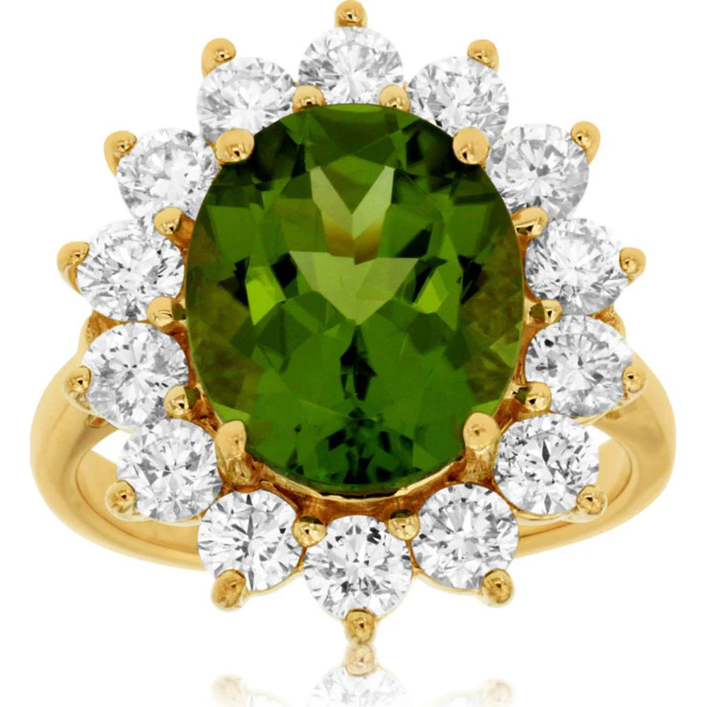 14K Yellow Gold Peridot and Diamond Halo Ring – 4.80 Carat Oval Peridot with 1.90 Carat Round Diamond Halo - Royal Jewelry