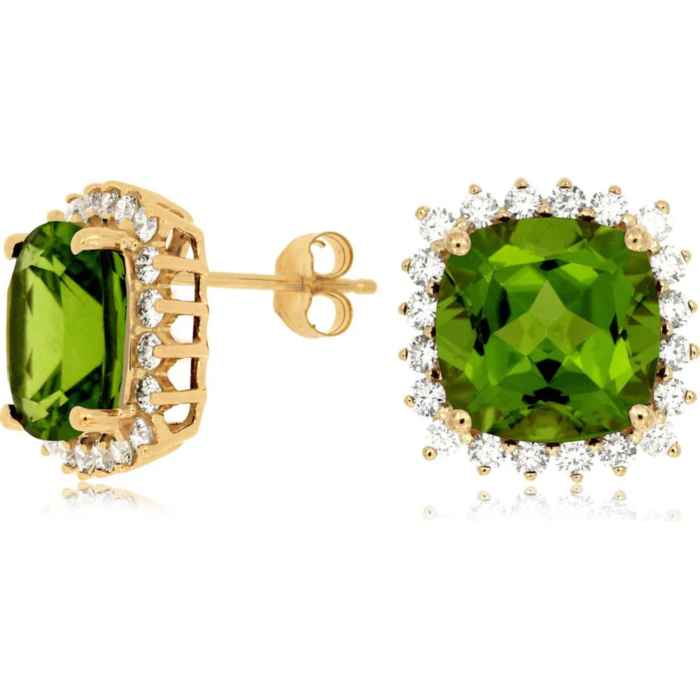 14K Yellow Gold Peridot Cushion Cut Earrings with Diamond Halo - 8.30 Carats Peridot & 0.90 Carats Diamond Total Weight - Royal Jewelry