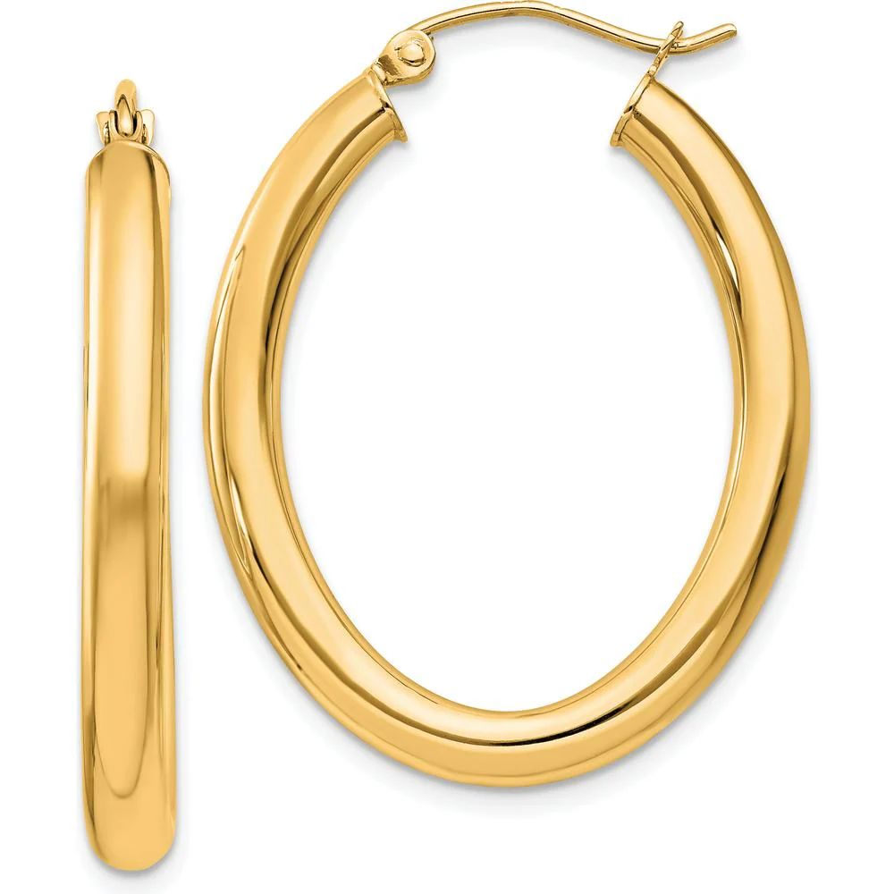 14K Yellow Gold Polished 32mm Oval Tube Hoop Earrings - Contemporary Design by Oro Pregiato