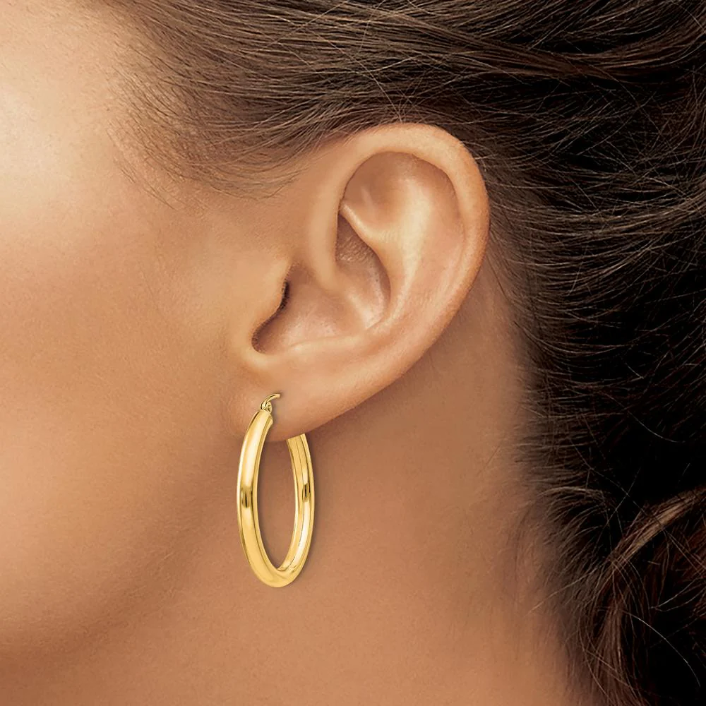 14K Yellow Gold Polished 32mm Oval Tube Hoop Earrings - Contemporary Design by Oro Pregiato - Image 3