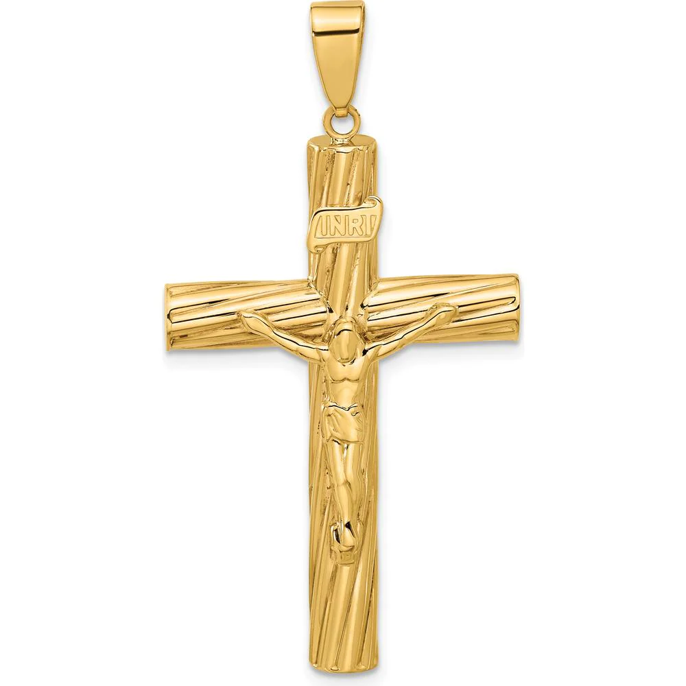 14K Yellow Gold Polished and Textured Crucifix Pendant - 48.8mm by Oro Pregiato