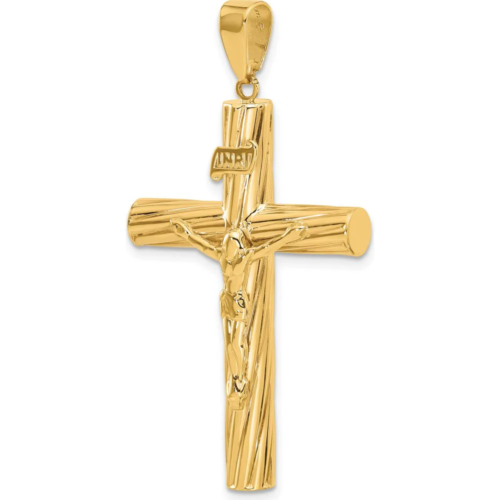 14K Yellow Gold Polished and Textured Crucifix Pendant - 48.8mm by Oro Pregiato - Image 4
