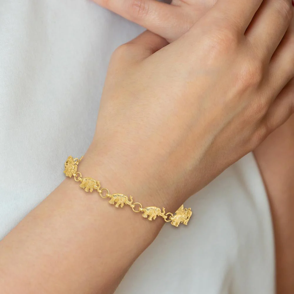 14K Yellow Gold Polished and Textured Elephant Bracelet - 8" Length by Oro Pregiato - Image 5